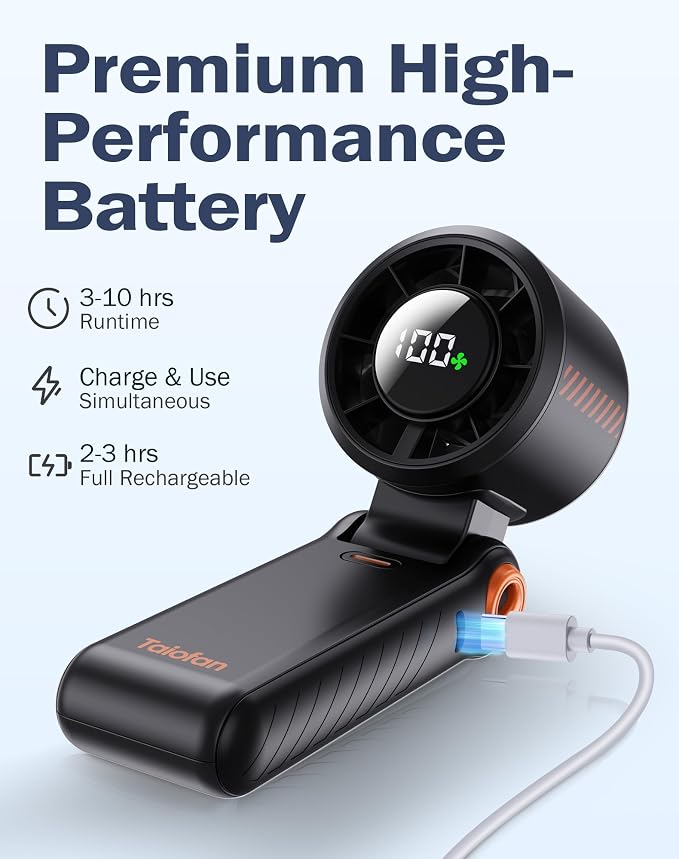 Portable High-Speed Handheld Fan with LED Display, [Smart Power & Wind Control], 4000mAh Rechargeable Mini Personal Fan, 5 Speeds, Quiet USB Travel Fan for Outdoor, Commuting