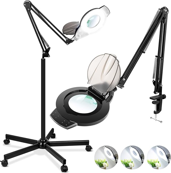 2200 Lumens Mag Lamp for Estheticians, 2-in-1 Magnifier Floor Light | 144 LED Stepless Dimmable, 10X Real Glass, 4 Wheel Rolling Stand Mag Lamp for Estheticians Facial Tattoo Craft Reading