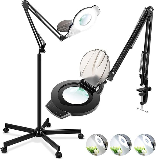 2200 Lumens Mag Lamp for Estheticians, 2-in-1 Magnifier Floor Light | 144 LED Stepless Dimmable, 10X Real Glass, 4 Wheel Rolling Stand Mag Lamp for Estheticians Facial Tattoo Craft Reading