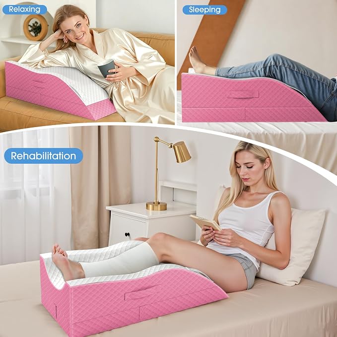 TranquilRelax Elevation Pillows for Leg After Surgery, Memory Foam Adjustable Wedge Pillow for Injury or Rest, Ankle Pillow for Sleeping Blood Circulation, Pink/Single Leg