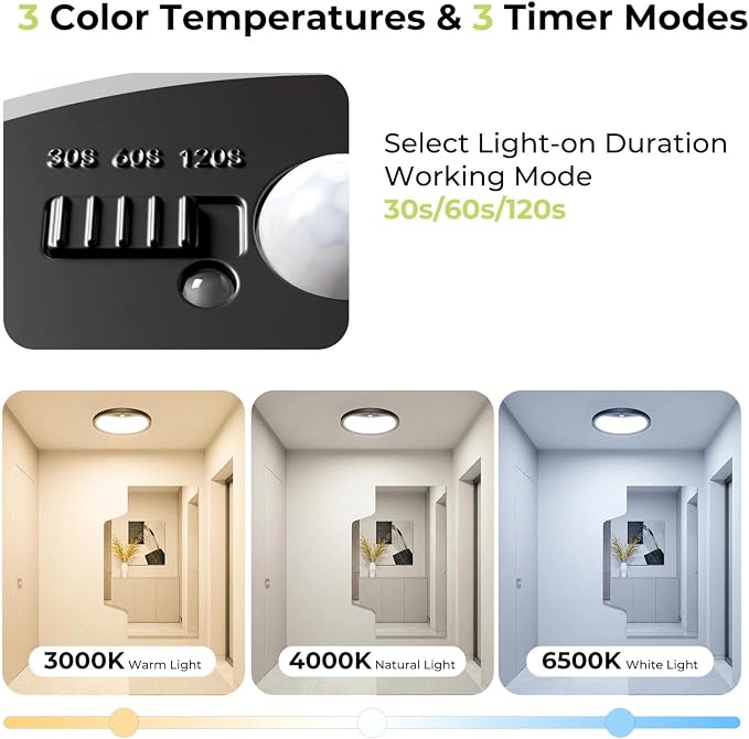 hepside Motion Sensor Ceiling Light Wired, 3000K/4000K/6500K LED Flush Mount Ceiling Light Fixture, 8.7Inch 18W Motion Sensor Light with Timer for Closet Stair Porch Hallway Pantry,Black