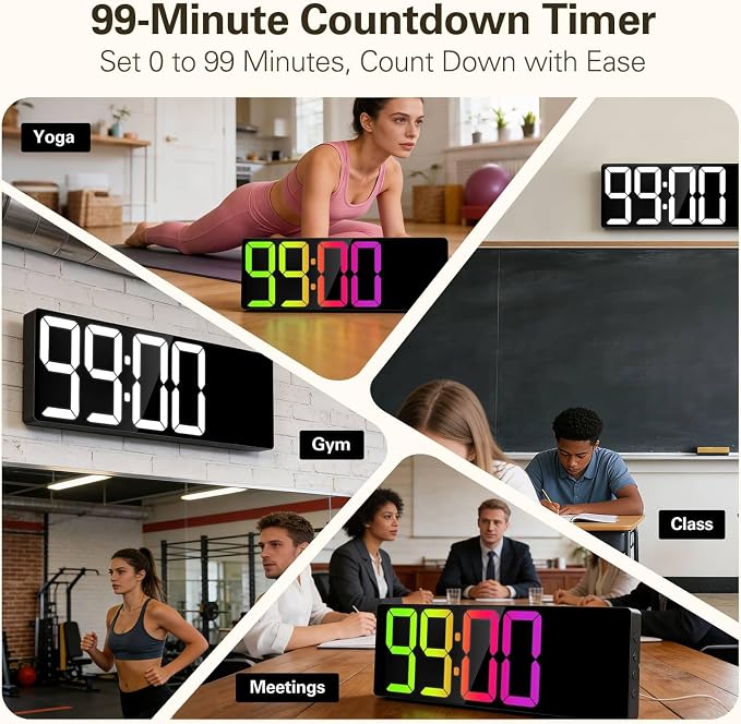 JALL 18" Large Digital Wall Clock with RGB Lights & Remote, Digital Clock with Bluetooth Sync & DST, Wall Clock with Temperature & Seconds Display, Clocks for Living Room, Seniors (Black)