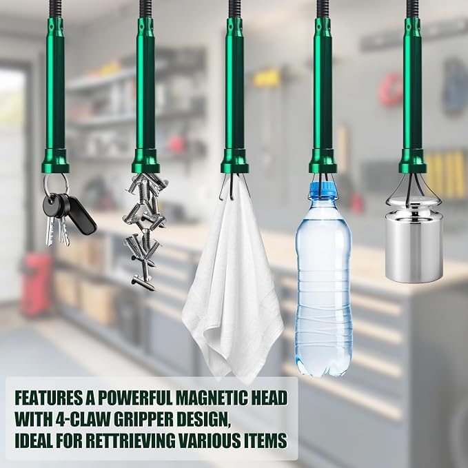 Flexible Grabber Tool, Magnetic 4-Claw Gripper (24", Green) | Mechanic Pickup Tool with Spring-Loaded Handle; for Automotive, Engine Bay, Bathroom, Kitchen, Sewers, Drain, Small Spaces
