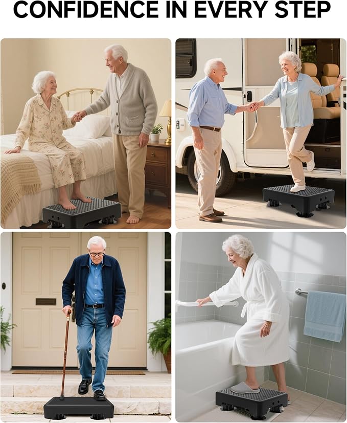 Adjustable Step Stool for Adults, Bed Step Stools, 600 LBS Capacity Safety Wide Step Platform, Indoor and Outdoor Steps for Seniors, Non-Slip Stepping Stool Elderly Assistance, Black