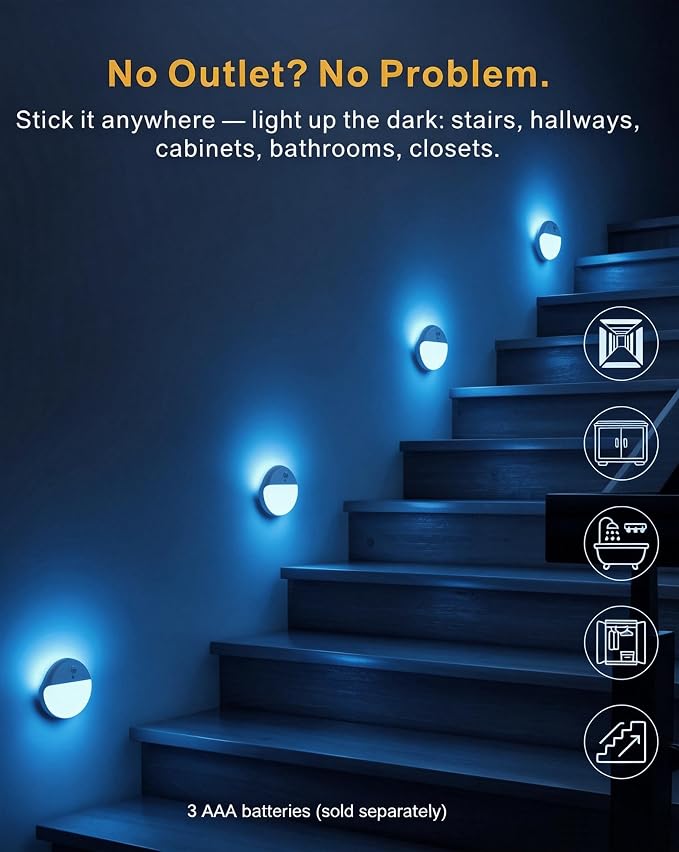 Toilet Night Light Motion Activated, Dim Light Battery Operated | 2 Pack, 3 Modes, Dimmable 1-15lm, Wireless Motion Sensor Stick on Light for Bathroom, Stairs, Indoor, Cabinet, Kids, Azure