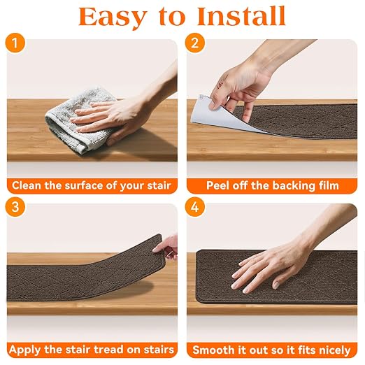Stair Treads for Wooden Steps 4 PCS Non Slip Stair Rugs Brown | 8x30in Self-adhesive Stair Runner Strips, Machine Washable, Indoor Carpet for Stairs, Stair Protection for Kids Pets Elderly