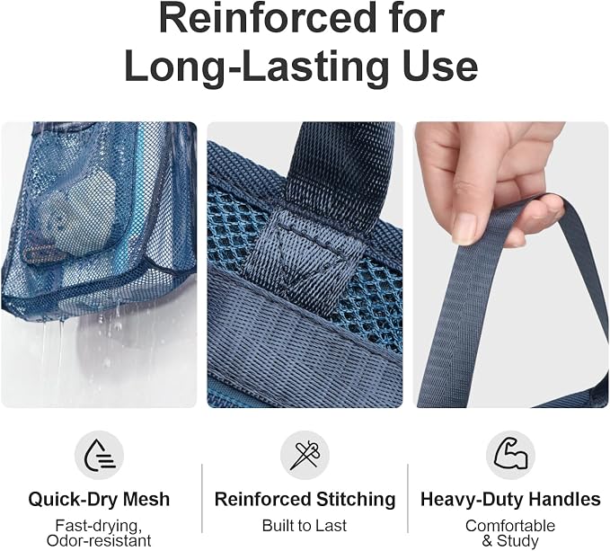 Small Mesh Shower Caddy Portable - Zipper Gym Travel Shower Bag, Navy Blue | 3 Pockets, Quick-Dry Mesh, S-Hook, Hanging Shower Caddy for Toiletry Essentials, Bathroom & Camping