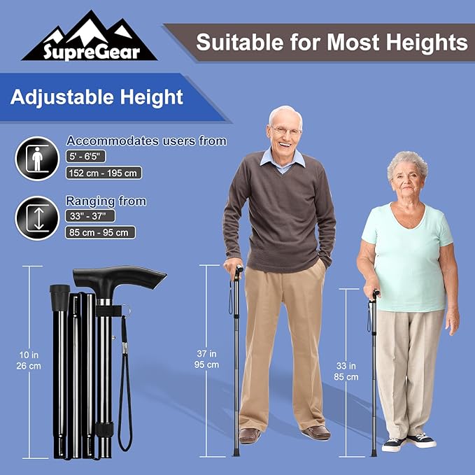 supregear Folding Cane, 5-Level Adjustable Height Walking Stick Lightweight Collapsible Portable Travel Cane with Wrist Strap and T Handle for Elderly Disabled Men Women