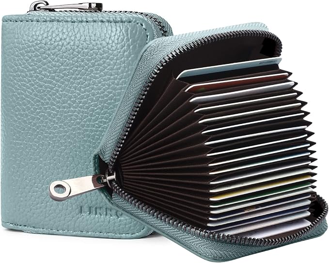 Linno RFID 20 Slots Credit Card Holder Genuine Leather Small Wallet for Women or Men with Zipper