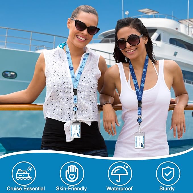 HONSIO 4 Pack Cruise Lanyard for Ship Cards, Cruise Essentials 2026, Ocean | Detachable, Retractable Badge Reels & Waterproof ID Badge Holders, Cruise Must Have for Carnival, Royal Caribbean, NCL