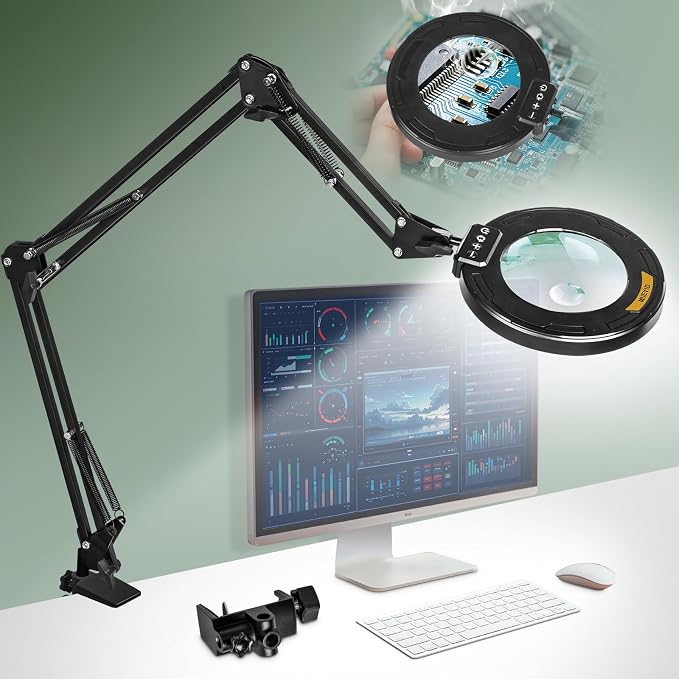 Ultra Long 3-Section Swing Arm 12X 30X Magnifying Glass with Light | 4-Way Large Metal Clamp, 5 Color Modes LEDs, 35.2Inch Lighted Magnifier Lamp for Workbench Crafting Hobby Soldering Reading