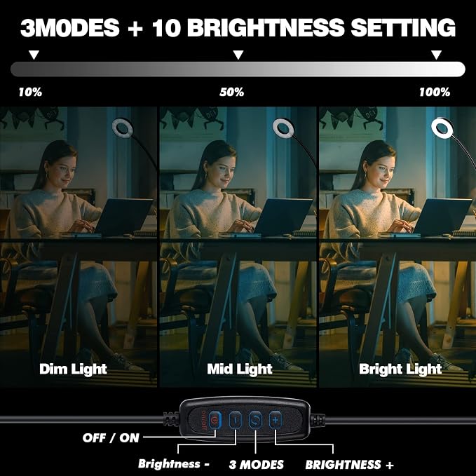 Magnifying Glasses with Light, 10x Clip on Desk Lamp with Magnifier | 3 Color Modes with 10 Brightness Levels, Flexible Gooseneck LED Eye-Caring Craft Light for Home Office Reading Study