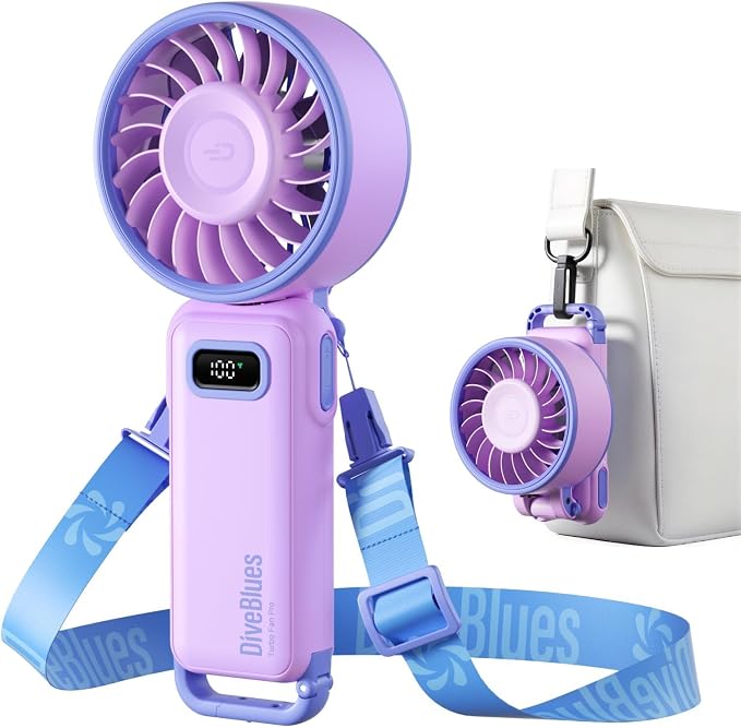 Diveblues Portable Turbo Fan, Purple Personal Neck Fan, Small Travel Fan | 7.4m/s High Speed, 180° Foldable 4-in-1, 100 Speed Stepless Control, USB-C Rechargeable