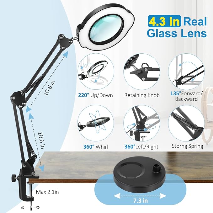 Upgrade 12X Magnifying Glass with Light, Real Glass Magnifying lamp, 5 Color Modes Stepless Dimmable, 84 LEDs, Magnifier with Light Hands Free for Close Work, Reading Craft Repair