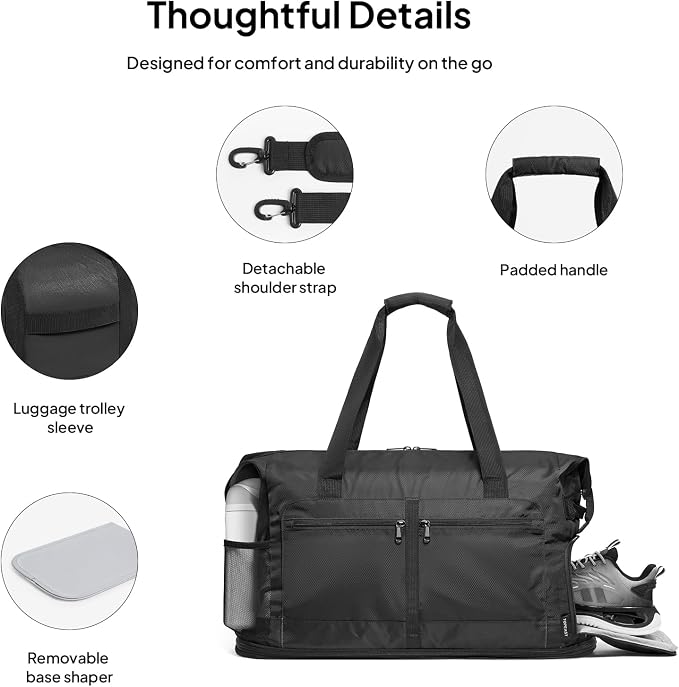 TOPEAST Foldable Travel Bag for Men & Women, 65L Weekender Overnight Duffle Bag for Travel, Expandable Airline Approved Carry-On with Shoe Compartment, Lightweight Personal Item Bag, Water-resistant