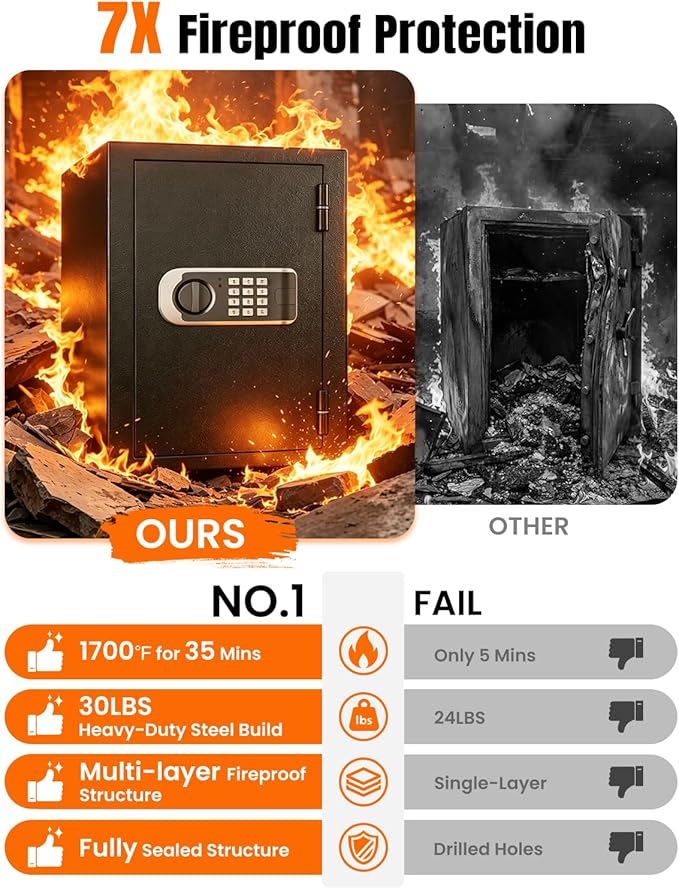 𝐔𝐩𝐠𝐫𝐚𝐝𝐞𝐝 𝟐𝟎𝟐𝟔 Fireproof Safe Box| 𝟏𝟕𝟎𝟎°𝐅 𝟑𝟓-𝐌𝐢𝐧 Protection| 2.8 Cuft Fire Proof Digital Home Safes with Smart Alarm System, Bolt-Down Design| for Documents Jewelry Electronics