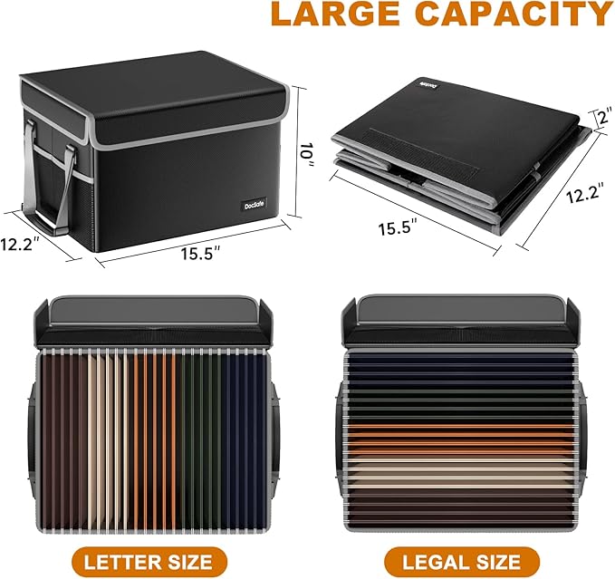 DocSafe File Box Fireproof File Storage Organizer with Lid,Collapsible Document Storage Filing Case for Hanging Letter/Legal Folders,Portable Home Office Safe Cabinet with Handle,Black,2 Pack