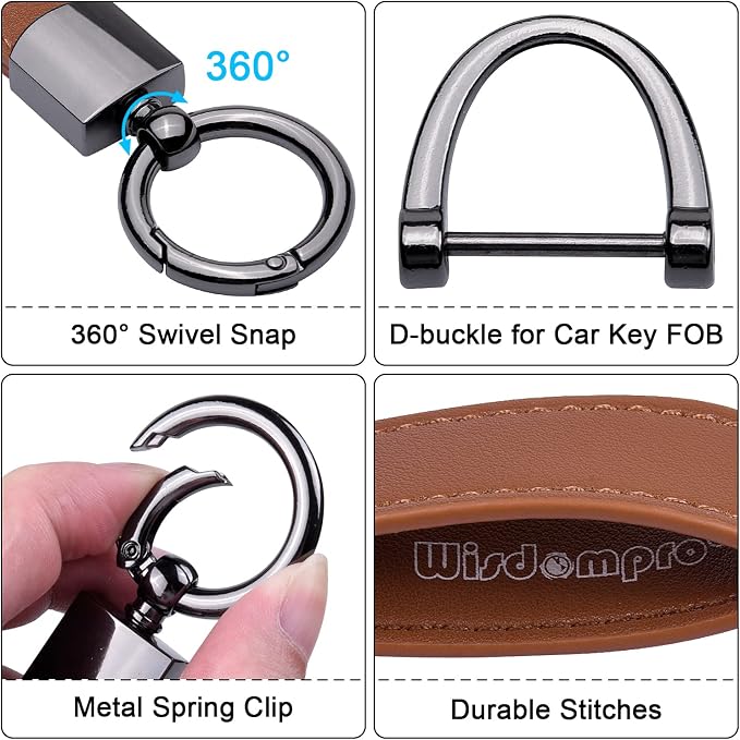 Wisdompro Genuine Leather Car Keychain, Universal Key Fob Keychain | Leather Car FOB Key Chain Holder for Men and Women, 360 Degree Rotatable, with Anti-lost D-ring and 3 Keyrings