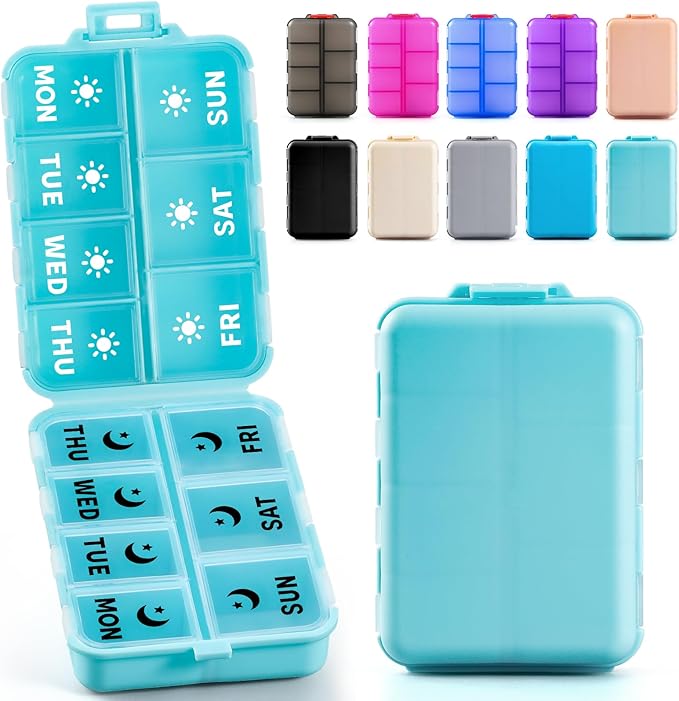 Foldable & Portable Weekly Pill Organizer 2 Times a Day with Clear Printed Labels - 7 Day AM PM Medicine Box, Week Daily Travel Pill Meds Case Holder for Medications, Vitamin, Supplement - SkyBlue