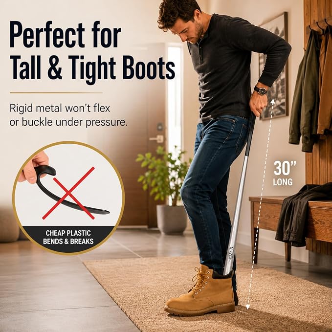 Velette Extra Long Shoe Horn - 30 Inch Stainless Steel for Seniors | Extended Handle, Heavy Duty Metal, Standing Use, Fits Boots & Dress Footwear, Men and Women, Elderly, Tall