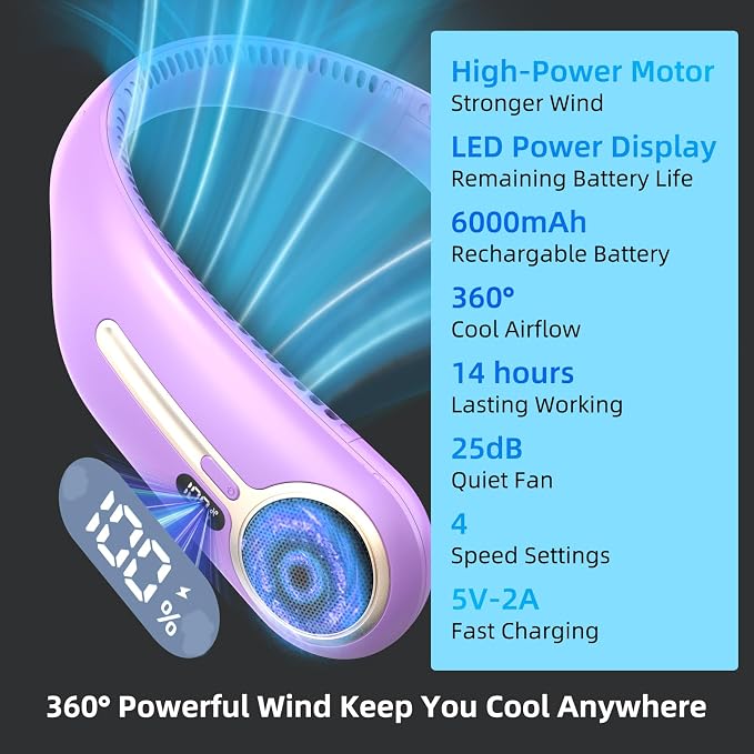 Portable Neck Fan, Personal Wearable Bladeless Fan, 6000mAh USB Rechargeable, 360° Airflow, LED Display, 4-Speeds, Hands Free Fan for Outdoor Indoor, Birthday Gifts for Men Women Dad Mom (Purple)