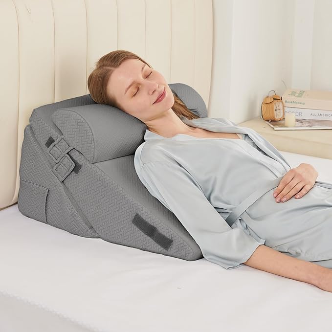 Sasttie Wedge Pillow Set for After Surgery, 2PCS Adjustable Bed Wedge Pillow Headboard with Memory Foam Neck Cushion – for Acid Reflux, Sleeping, Neck & Back Support, Dark Grey