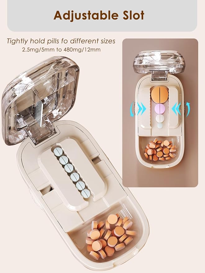 Pill Cutter Splitter for Small and Tiny Pills - Adjustable Pill Splitter with Centering Device for Cutting Multiple Pills, Precision Alignment, Easy to Use and Travel Sized, (1/2 White)