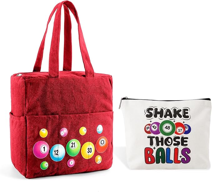 Bingo Bags with Pockets on Clearance, Bingo Bag with Zipper and Polyester Bingo Daubers Makeup Bag, Bingo Bags and Accessories Tote Gifts Game Suitable for Women and Girls (Red)