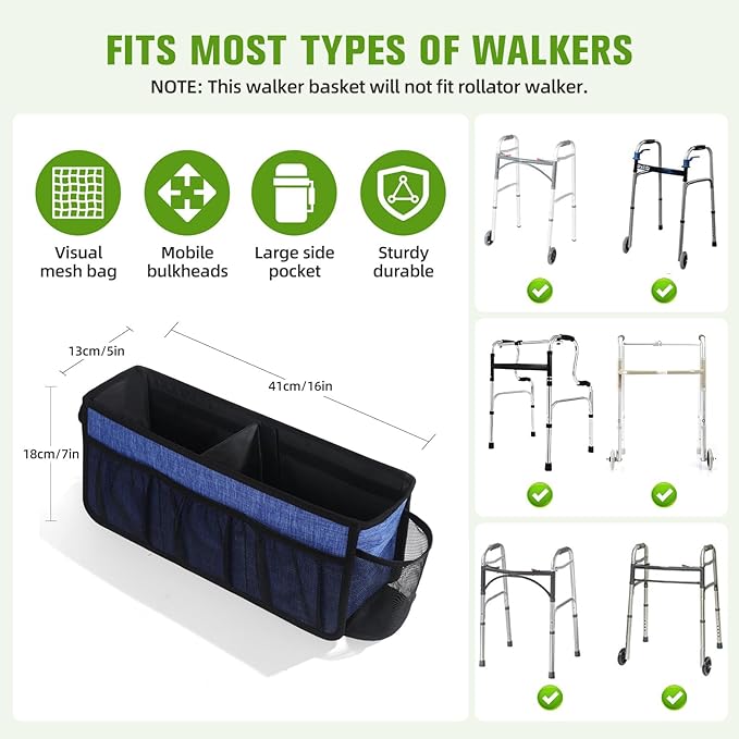 CTWWFS Upgrade Walker Basket with Cup Holder, Foldable Walker Storage Bag for seniors with Big Capacity & Never Tipping Over, Best Gift for Family (Blue)