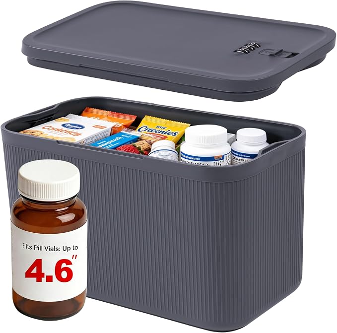 Small Medicine Lock Box Upgraded PLUS Taller , Medication Lockbox with Combination, BPA-Free Food Small Lockable Storage Box for Pill Organizer, Phone Jail, Snack, Fridge, Home, Office,Gray