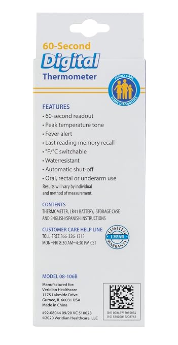 Veridian 60-Second Digital Thermometer with Rigid Tip | Oral, Rectal & Underarm Thermometer, Fever Alert at 100.0°F, Memory Recall, Water-Resistant, Storage Case