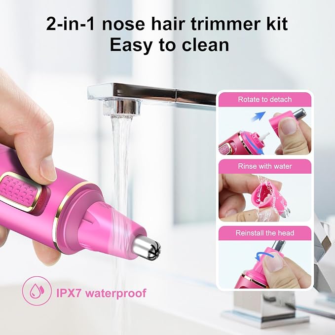 XOOMRSCP Nose Hair Trimmers for Women Men，Rechargeable Hair Trimmer 2 in 1 Painless Multifunctional Ear and Nose Hair Trimmer with IPX7 Waterproof Dual Edge Blades (Rose)
