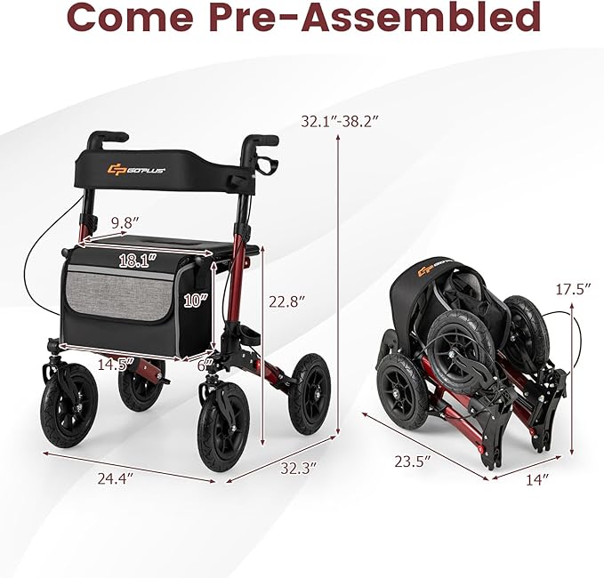 Goplus Walkers for Seniors with Seat, 2 in 1 Folding Rolling Rollator Walker with 9" Pneumatic Tires for All Terrain, Height Adjustment, Ergonomic Backrest, Aluminum Adult Mobility Walking Aid