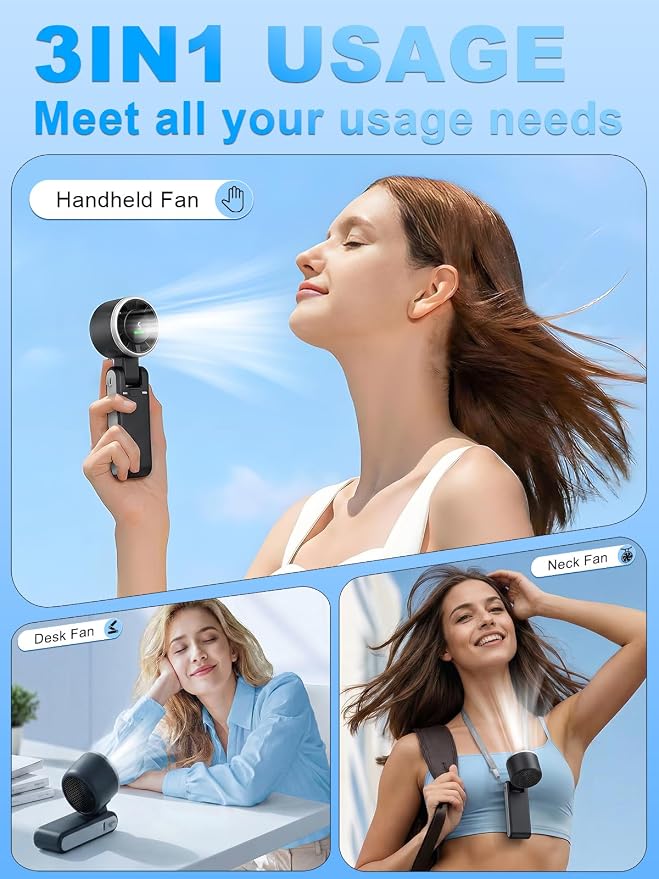 Portable Handheld Turbo Fan, 5 Gear Wind, Battery Operated, Up to 13 Working Hours Rechargeable Fan, 3 IN 1 Hand Fans with Air Turbo Tech Cooling Fan for for Travel, Beach, Outdoor - Black