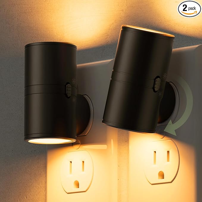 L LOHAS LED Amber Night Light, Yellow Nightlight,Rotating,Dimmable 50/100LM | Plug into Wall, Warm Circadian Nightlight,Light Sensor Nightlight Plug in, Adults Hallway Bedroom Bathroom[Black Shade,2Pack]