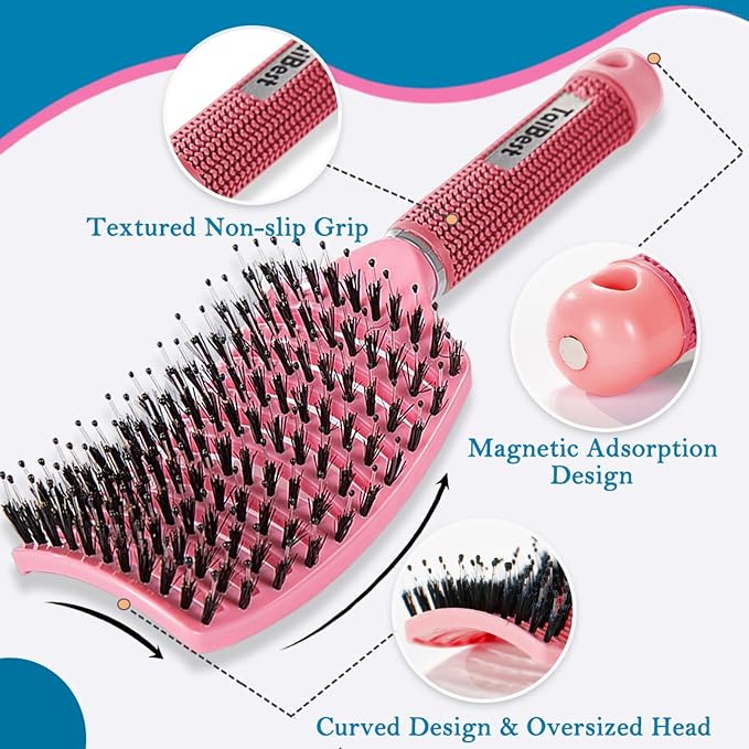 Boar Bristle Hair Brush Set - Dry/Wet Hair Brush Detangler for Fine, Thick, Curly Hair - Curved and Vented Brush for Women, Men or Kids (Green & Apricot Pink)