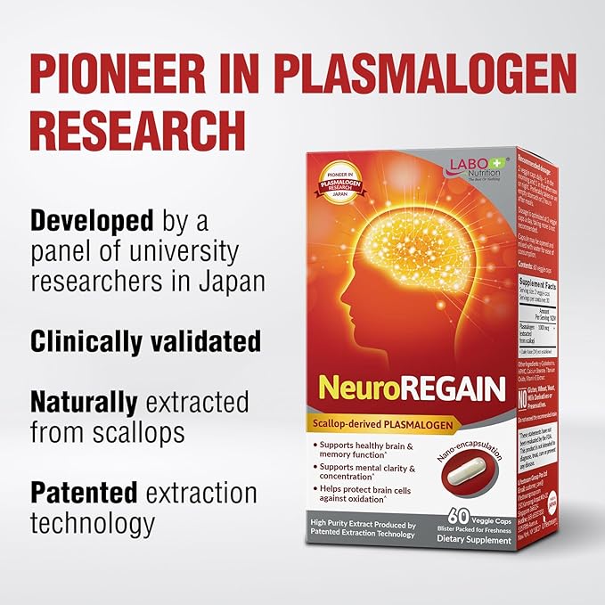 LABO Nutrition NeuroREGAIN - Scallop-derived PLASMALOGEN for Brain Deterioration, Memory, Alertness, Learning, Concentration and Other Cognitive Functions – Suitable for Seniors, Adult Men & Women x3