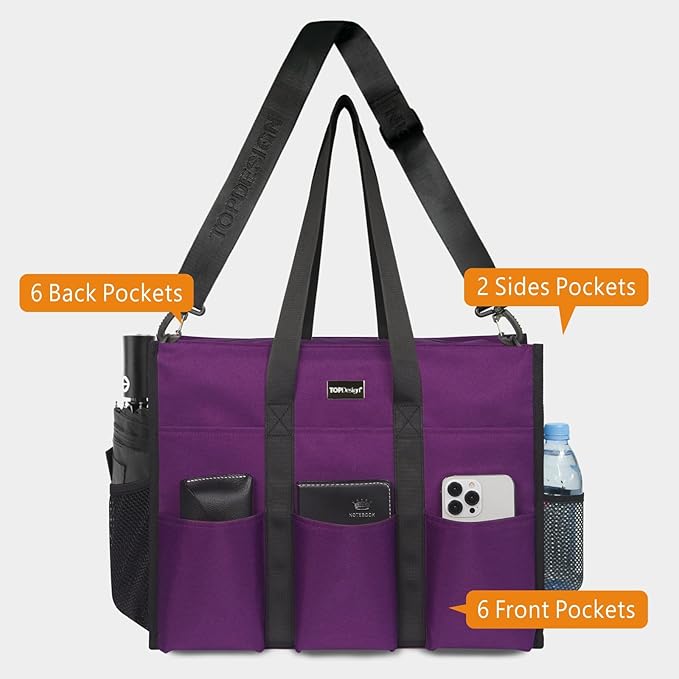 TOPDesign Utility Water Resistant Tote Bag with 22 Pockets, Top Zipper Closure & Thick Bottom Support, for Working Women