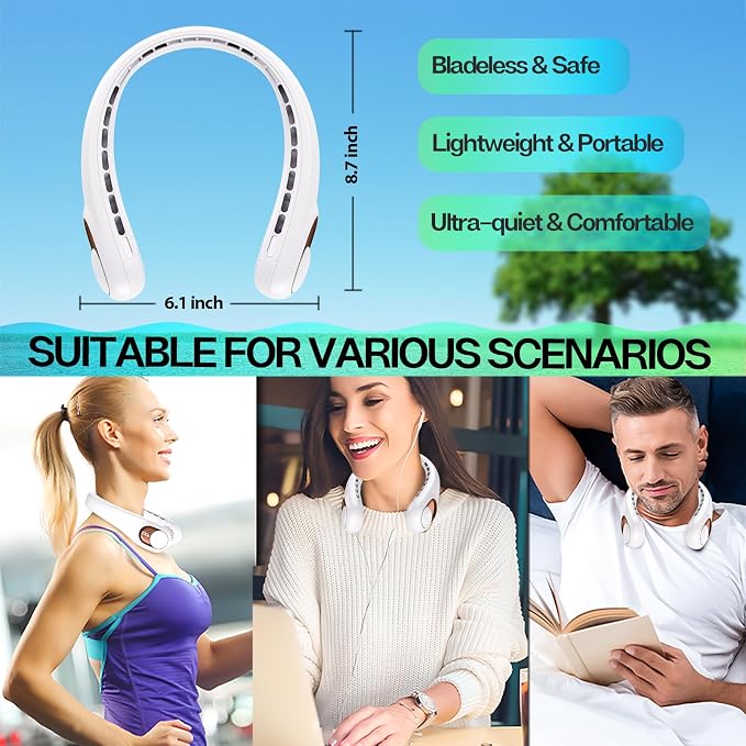 KIDEE Portable Neck Fan, 4000mAh Rechargeable, 360° Airflow, Hands Free Bladeless Wearable Fan, 2 Pack, White