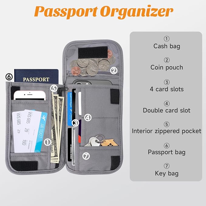 Neck Wallet & RFID Blocking Passport Holder for Travel – Waterproof Hidden Travel Wallet with Card Slots, Adjustable Strap, Portable Document Organizer for Men, Women (Gift) Grey
