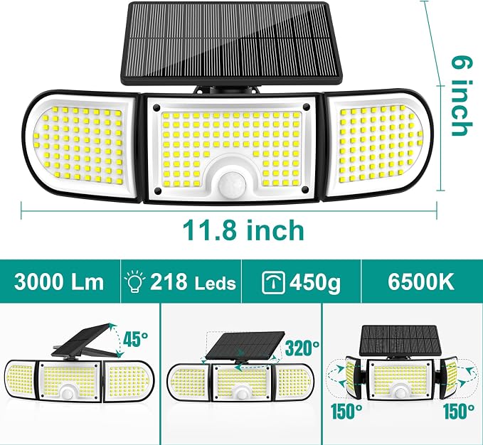 Solar Motion Sensor Lights Outdoor, 3000LM 218 LED 3 Heads Security Flood Light with Remote Control, IP65 Waterproof 270° Wide Angle Solar Wall Lights 3 Modes for Garage,Yard,Patio,2 Pack