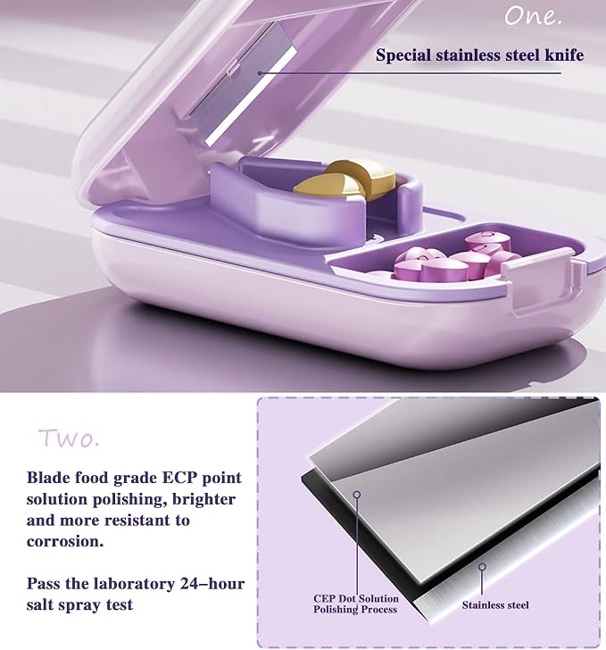 DUBSTAR Small Pill Cutter Splitter for Small and Tiny Pills, Portable Pretty Pill Cutters for Large Pills, Cuts Vitamins Tablets for Purse Pocket (Purple)
