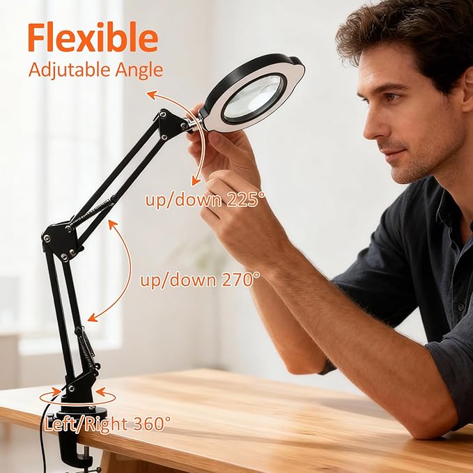 10X 30X Magnifying Glass with Light, Desktop LED Magnifying Lamp with Clamp, 5 Color Modes, 10 Dimmable Levels, Magnifier with Light Hands Free, Reading Crafts Jewelry Sewing
