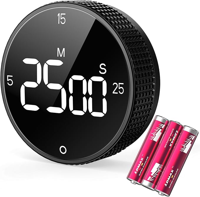 Magnetic Kitchen Timer for Cooking with Loud Alarm - Large LED Display Rotating Countdown Pomodoro Timer, Preset 5/15/25 Mins Easy for Seniors and Kids，for Baking Grilling Studying
