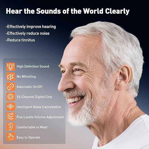 Hearing Aids, Hearing Aids for Seniors with Moderate Hearing Loss, 16 Channel Rechargeable Hearing Amplifiers with Noise Cancelling, Five Levels of Volume Adjustment, Clear Sound and Easy to Use