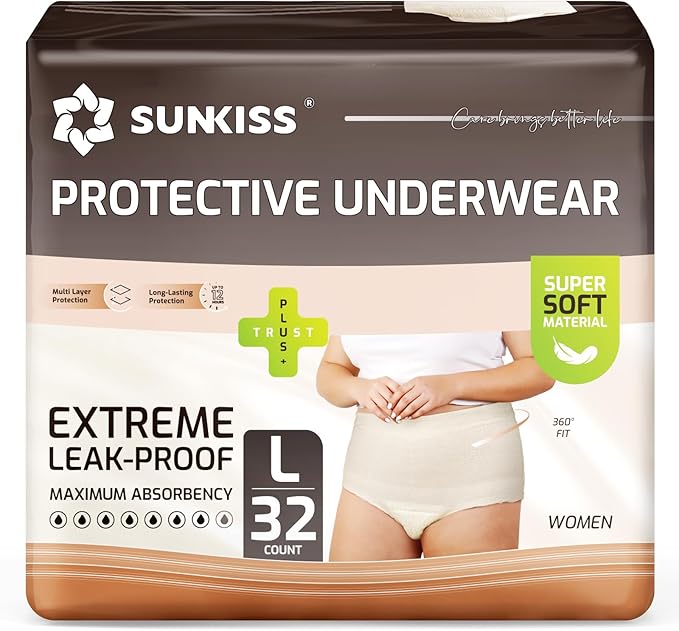 SUNKISS Women Incontinence Underwear, Daytime Disposable Postpartum Adult Panties, Protective Pull Ups with Maximum Absorbency, Large, Beige, 32 Count