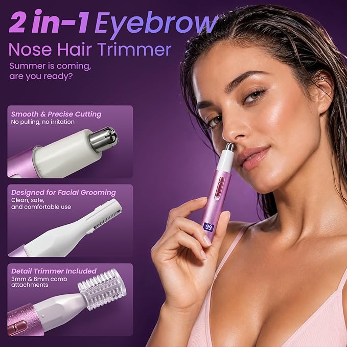 Nose & Ear Hair Trimmer for Women and Men, 2026 Painless USB Rechargeable Facial & Eyebrow Trimmer Clipper with LED Display for Easy Cleansing, Portable Grooming Kit,Gift Box Included (Purple)