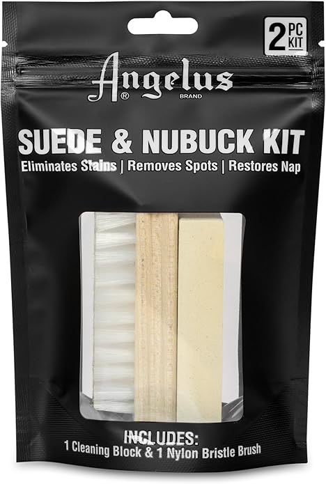 Angelus Suede & Nubuck Cleaner Kit - 1 Cleaning Eraser Block and 1 Nylon Bristle Brush - Eliminates Stains, Removes Spots, Restores Nap - for Leather Suede Shoe, Handbags, Jackets, Boots, Furniture
