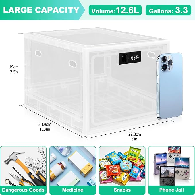 Medication Lock Box with Code, 12.6L Large Lockable Storage Box for Medicine, Snacks, Phone, and Electronics - BPA-Free, Clear Design with Charger Holes for Home, Office, Dorm, and Fridge