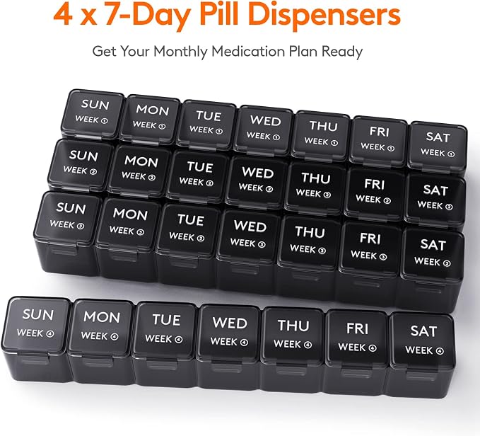 Lifewit Monthly Pill Organizer, 28 Day Pill Box, 4 Weeks One Month Vitamin Cases, Large Compartments Medicine Organizer for Fish Oils, Supplements, 28 Grids, Black